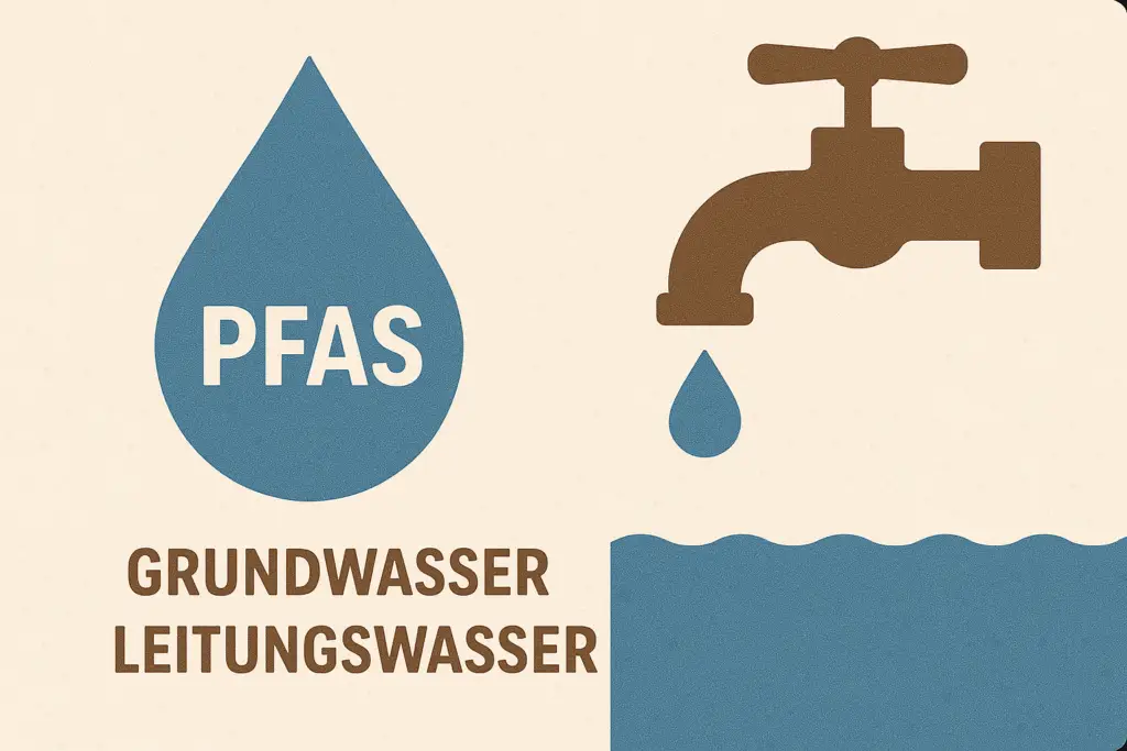 Symbolbild für PFAS-Belastung in Leitungs- und Mineralwasser – Wassertropfen, Wasserhahn und stilisierte Wasseroberfläche