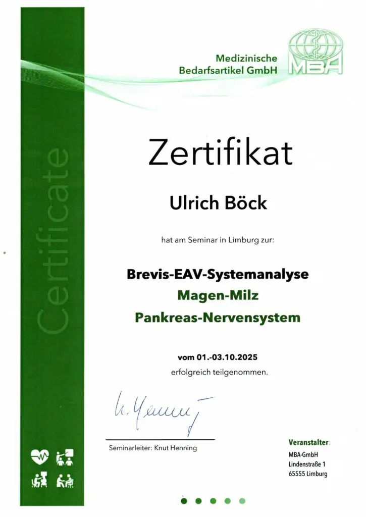 Zertifikat EAV Systemanalyse Milz Pankreas Magen Nervensystem